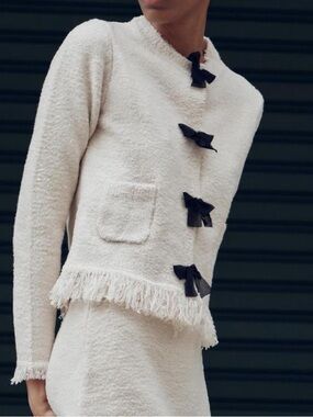 Zara Cream Bouclé Cardigan with Black Ribbon Bows